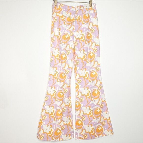 Princess Polly Jasmina Denim Jeans Pink Orange Floral 70s Vibe Flare Wide Legs - Picture 7 of 8
